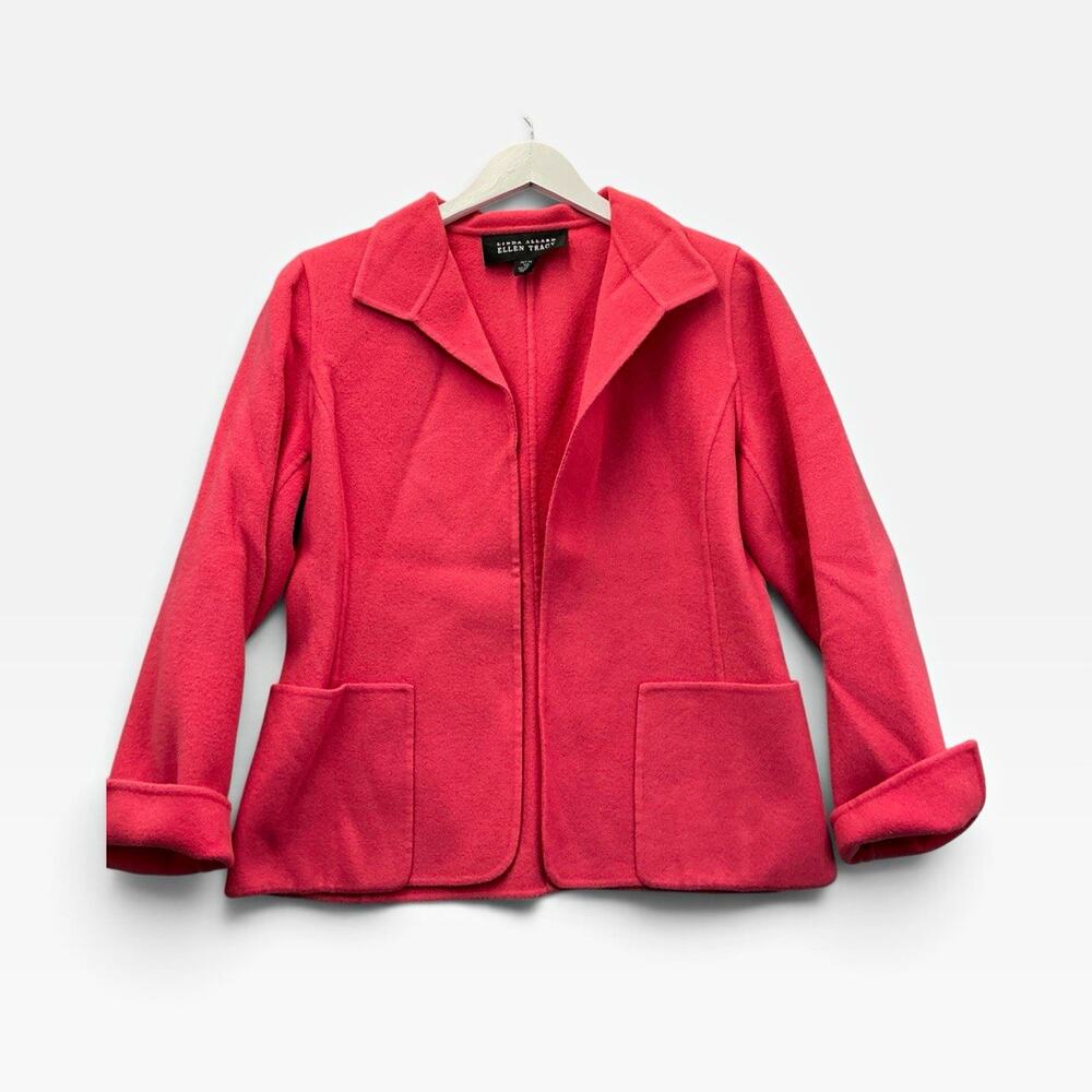 Ellen Tracy Linda Allard Pink Wool Open Front Jacket Collared Pockets Petite 10